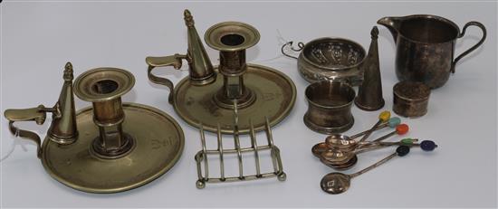 Three silver cigarette cases, spoon & pusher set, silver commemorative dish, ingot, sundry plated items, etc.